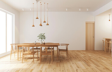 White walls and light wood floors in an empty dining room with pendant lights hanging above the table. Created with Ai