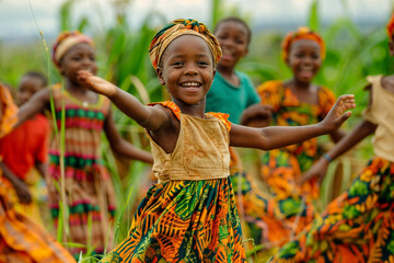 Children in educational events or camps, developing their skills and talents. International Day of the African Child. ?ultural presentations, diverse community poster, happy childhood concept.