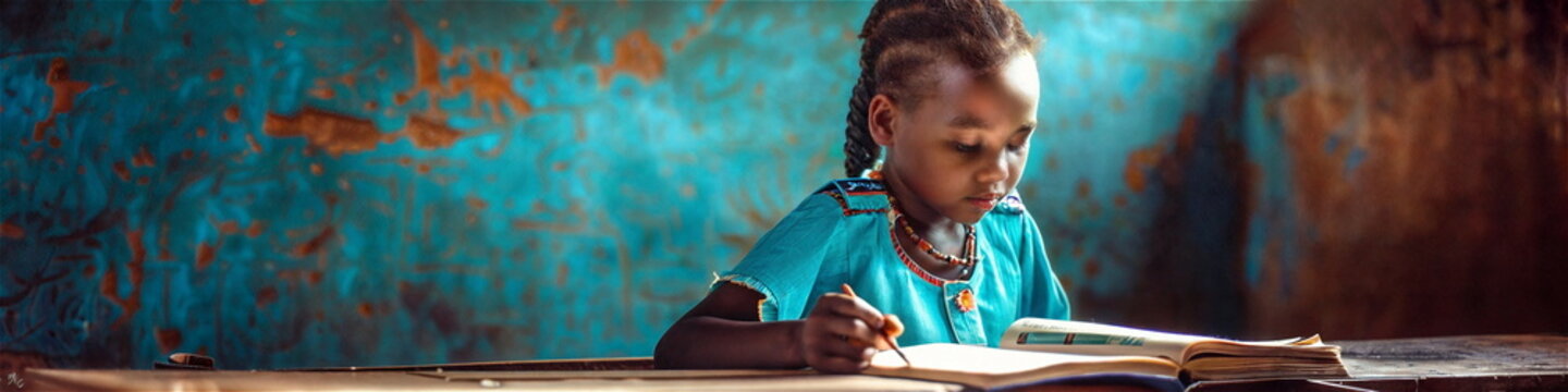 Child studying books in an African school with hope for the future. International Day of the African Child. ?ultural presentations, diverse community poster, Access to Education concept