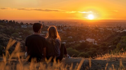 Fototapeta premium Couple Enjoying Sunset Over Urban Skyline