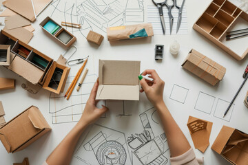 Top view of female hands working with a cardboard box design on a white table, drawing a sketch and other materials for packaging ideas, ecofriendly plastic material in green color