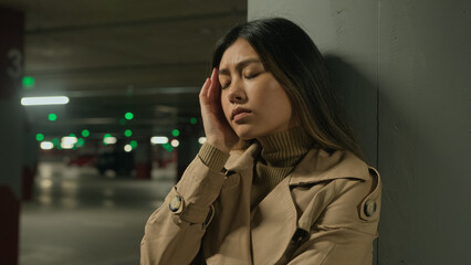 Stressed anxious sad upset Asian woman girl chinese korean japanese female lady alone lonely in car...