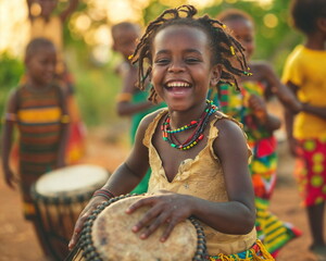 Children celebrating with laughter and joy, dancing and singing around a traditional drum. International Day of the African Child. ?ultural presentations, diverse community poster.