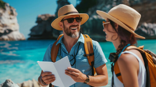 Tourists trekking in nature on summer holiday, opening new experiences. Couple of man and woman with backpacks looking at the map on the beach.