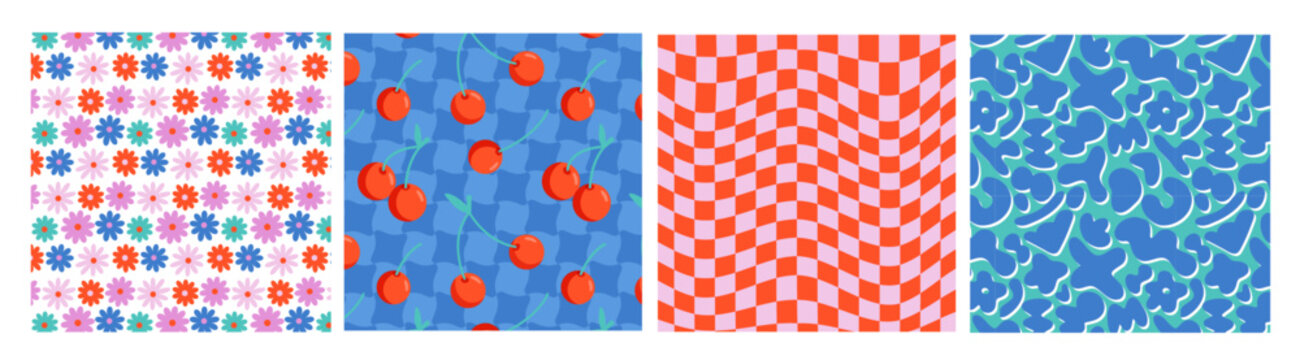 patterns varied flowers square organic shapes fruit 70s 80s seamless pattern