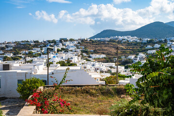 View of Apollonia village with typical white houses and mountains in background, Sifnos island,...