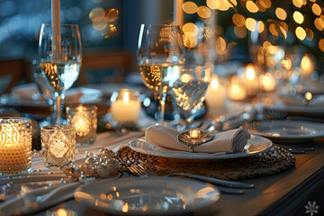 Fototapeta na wymiar A beautifully set table with elegant silverware, crystal glasses filled with white wine, and candles casting soft light in the background. Created with Ai