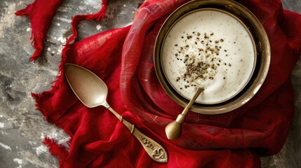 a slender golden bowl brimming with creamy white kheer, accompanied by a gleaming gold spoon, resting atop a crimson tablecloth against a subtle grey backdrop.