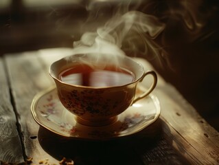 Fototapeta premium Steaming tea in a vintage floral cup on a rustic wooden table.