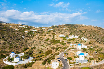 Mountain landscape and view of windmills and monastery from Kastro village, Sifnos island, Greece