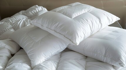 Heap of plush white pillows on a bed, suggesting comfort and relaxation.