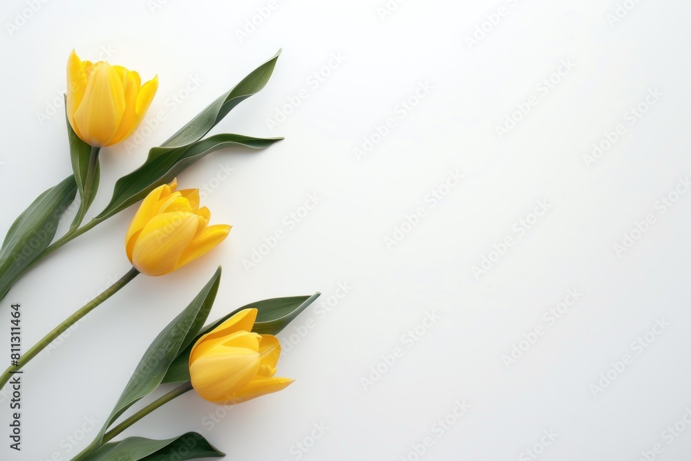 Poster three yellow flowers are arranged in a row on a white background with copy space