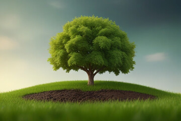 Green tree in form of Planet Earth grows from ground of green-yellow nature soft blur background