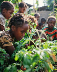 Children working together in a community garden, agriculture and sustainability. International Day of the African Child. Diverse community poster, Eco concept, Child Labor problem.