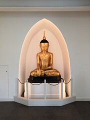 Golden Buddha statue in meditation glowing on display behind a stanchion rope barrier