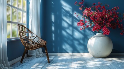 Minimalist plain blue wall with white wooden floor, white curtain and vase with a branch. The scene is depicted in the style of a minimalist artist