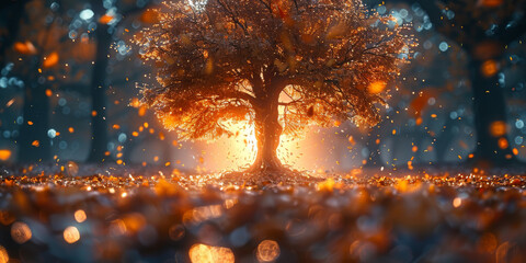 Fototapeta premium Abstract autumn nature background, with leaves, glowing sun and warm seasonal colors