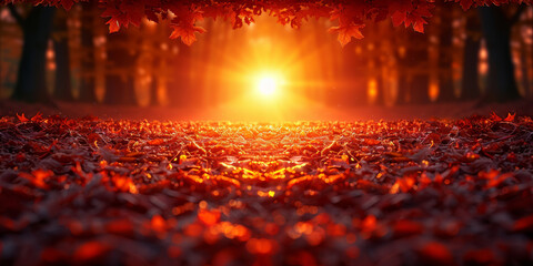 Abstract autumn nature background, with leaves, glowing sun and warm seasonal colors