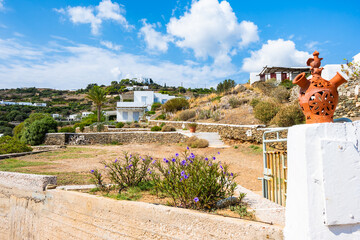 Holiday villa house with garden and flowers near Chrysopigi monastery, Sifnos island, Greece