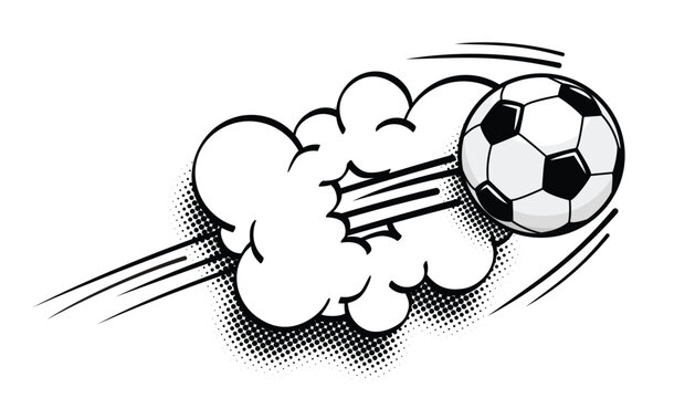 Soccer football ball fly at high speed and breaks through the cloud. Vector on transparent background in comic style 