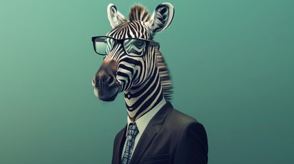 Cool and stylish zebra on a green background in a business suit and glasses. Generative AI realistic