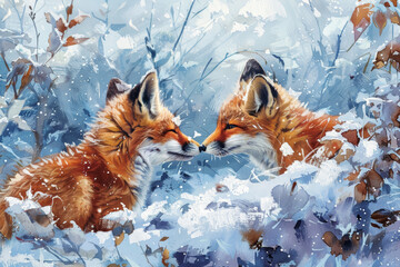 Obraz premium Playful Red Fox Kits in a Winter Wonderland: Catching Snowflakes Amid Icy Scenery