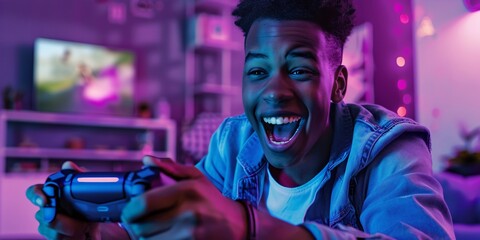 This vibrant image capturing an excited teen playing a video game in a purple room