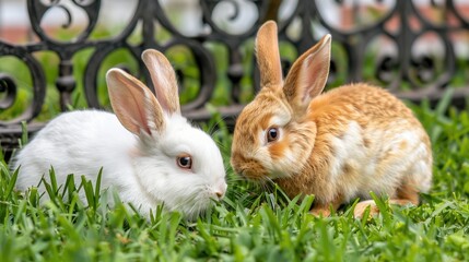Fototapeta premium two adorable bunnies, one white and one brown with lop ears, frolicking together amidst lush green grass near a charming fence.