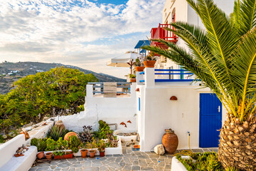 Traditional white style house and garden with tropical palm tree and flowers in mountain landscape of Kastro village, Sifnos island, Greece