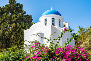 White church with blue dome and purple bougainvillea flowers in foreground in Apollonia village,...