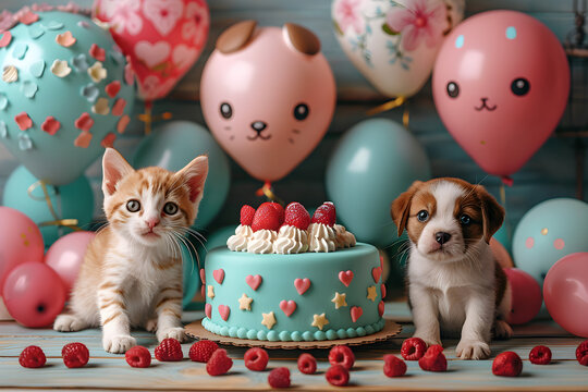 Fondo de pantalla de feliz cumplea&ntilde;os con lindo gato y perro.