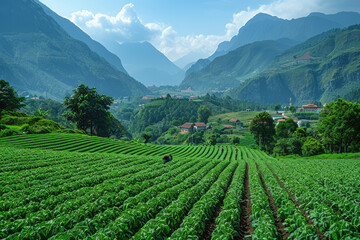 Fototapeta na wymiar A panoramic view of the tea garden in M Champions, Vietnam surrounded by lush green mountains and fields. Created with Ai