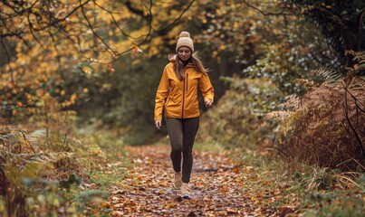 A joyful woman in a yellow jacket strolls through a forest with autumn colors, expressing contentment and leisure