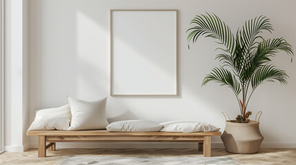 Minimalist Living Room with Wooden Bench and Indoor Plant