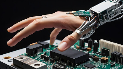 A mechanical hand reaching out to grab a chip for electronic circuits.