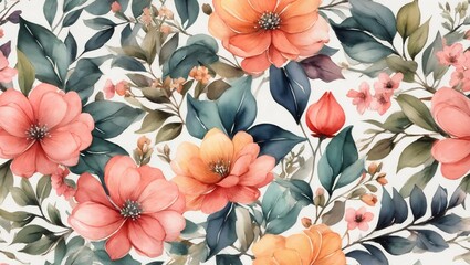 Seamless Endless Hand Drawn Watercolor Abstract Floral and Small Flowers Leaves Pattern Isolated Background

