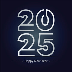 Happy new year 2025. White paper numbers with golden Christmas decoration and confetti on dark blue background. Holiday greeting card design.