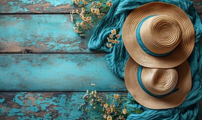 Straw Hats on Blue Wooden Background. - Powered by Adobe