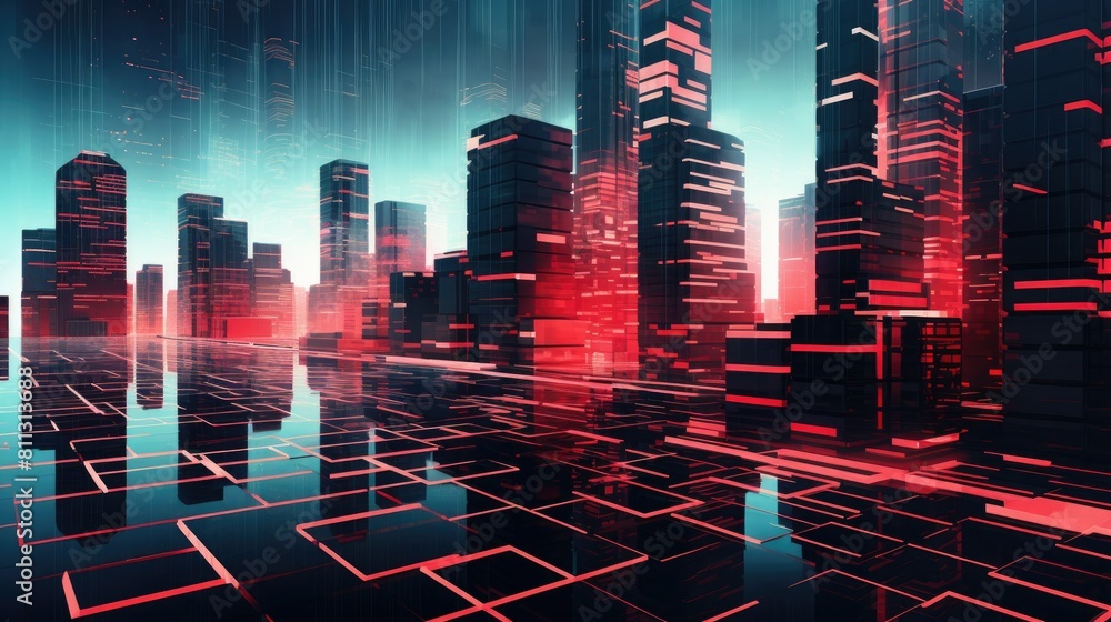 Poster futuristic cityscape rendered in glowing 3d lines and patterns