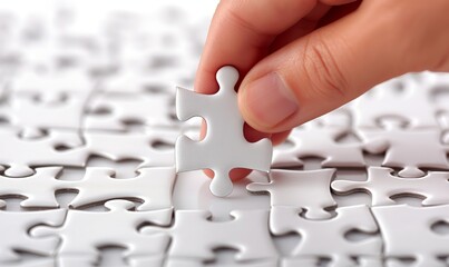 Close-up of a hand placing a puzzle piece.