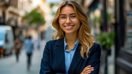 Young happy pretty smiling professional business woman, happy confident positive female entrepreneur standing outdoor on street arms crossed, looking at camera.