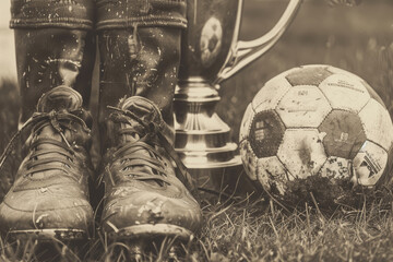 Vintage Sports Memorabilia Featuring Legendary Player's Worn Boots, Old Football, and Trophy