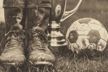 Vintage Sports Memorabilia Featuring Legendary Player's Worn Boots, Old Football, and Trophy