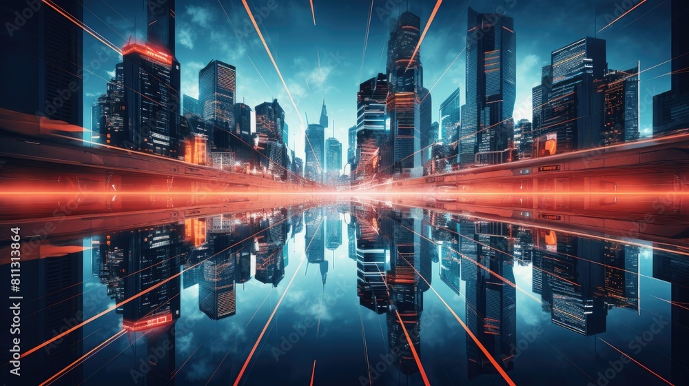 Poster futuristic cityscape rendered in glowing 3d lines and patterns