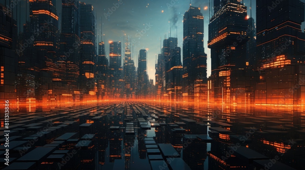 Poster futuristic cityscape rendered in glowing 3d lines and patterns