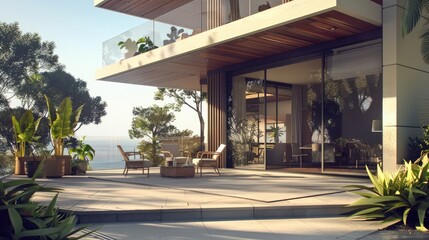 Contemporary home with patio panoramic view and practical outdoor furnishings. house patio design modern house realistic