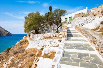 Steps to small church overlooking Kamares bay, Sifnos island, Greece