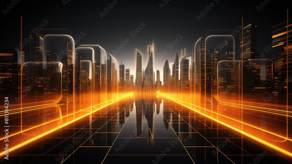 Poster futuristic cityscape rendered in glowing 3d lines and patterns