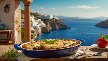 Moussaka on the table against the background of the sea elegant