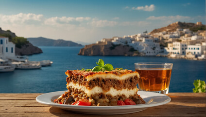Moussaka on the table against the background of the sea dinner